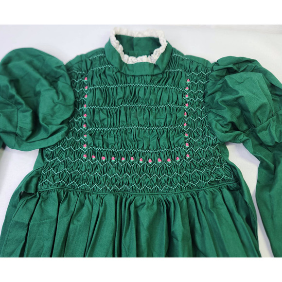 Girls' Green White Lace Trim Puffed Long Sleeve Zip Back Holiday Smocked Dress - Picture 2 of 6